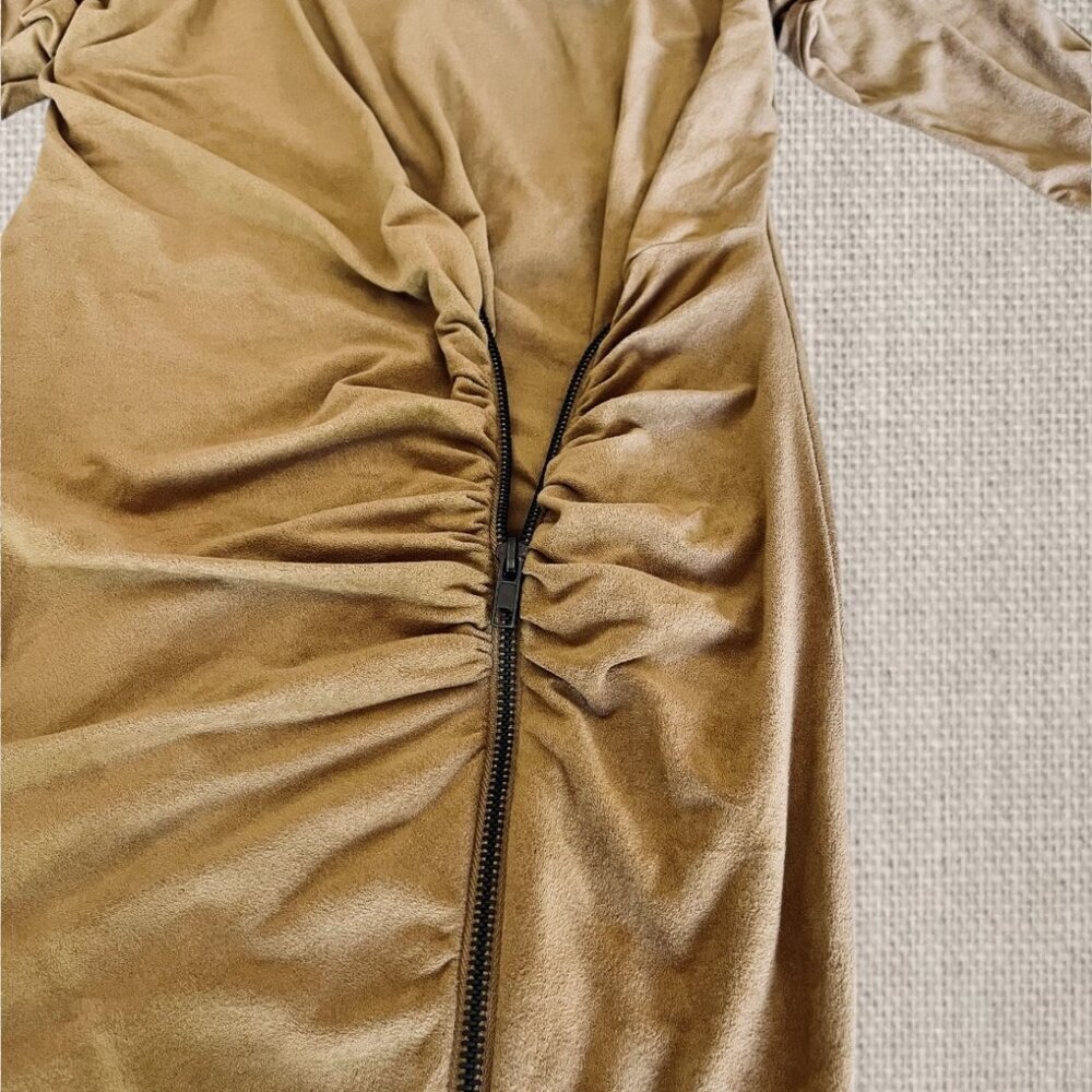Bebe Tan Suede Ruched Wrap Zip Dress - Picture 2 of 4